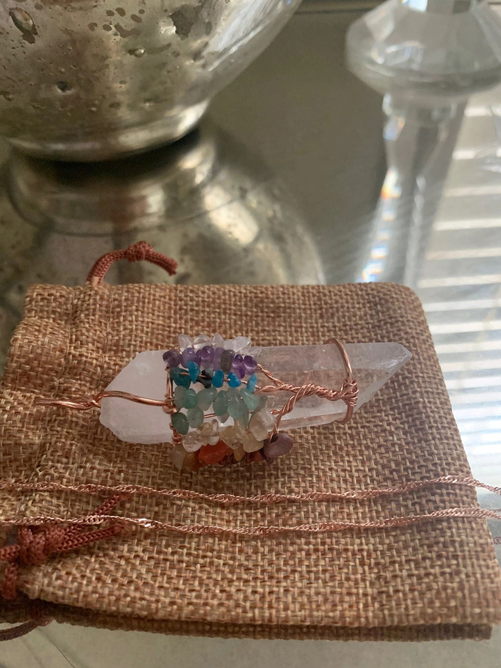 QUARTZ CRYSTAL TREE OF LIFE PENDANT WITH ROSE GOLD CHAIN